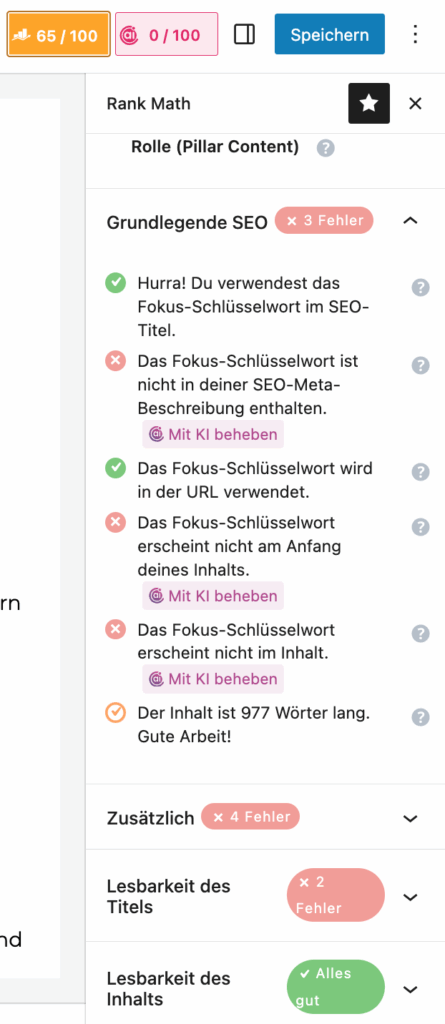 Rank Math Dashboard zeigt Score 65 von 100 für authentischen Artikel - Beweis dass niedrige Scores nicht schlechten Content bedeuten