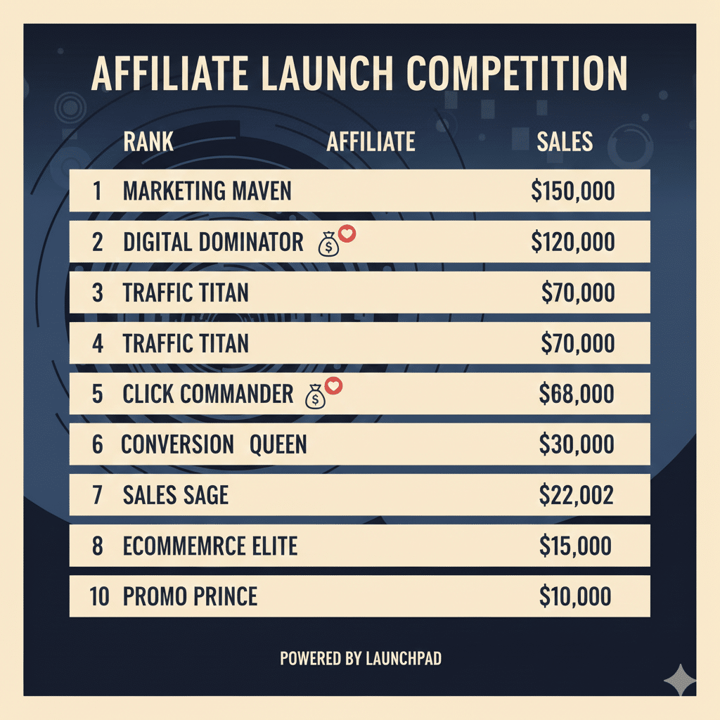 Leaderboard eines Affiliate-Launches zeigt typische Namen an der Spitze