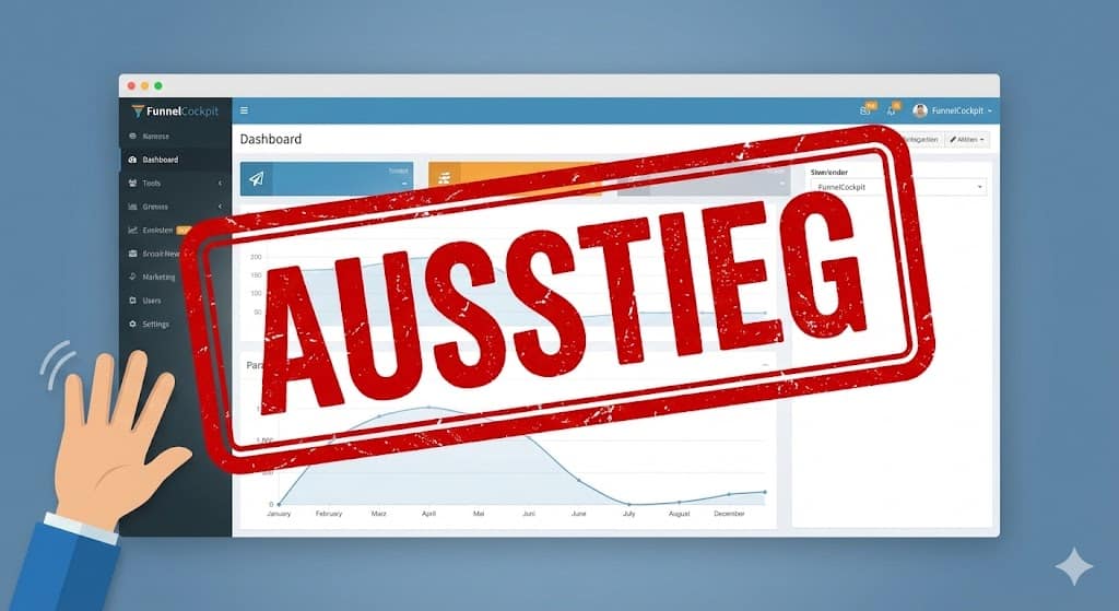 Screenshot des FunnelCockpit Dashboards, überlagert von einem großen roten Stempel "AUSSTIEG" und einer winkenden Hand. Symbolbild für meinen FunnelCockpit-Ausstieg.