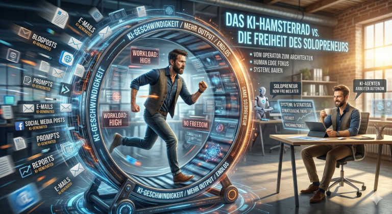 Das KI-Hamsterrad macht dich schneller, aber nicht freier. Was Solopreneure konkret ändern müssen, um nicht im Kreis zu laufen.
