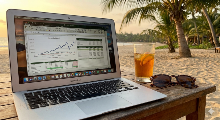 Laptop auf Strandtisch als Symbol für passives Einkommen und was dahinter wirklich steckt