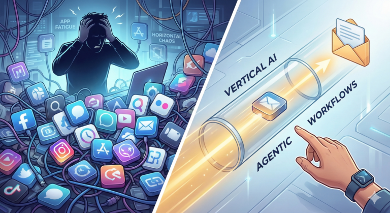 Gegenüberstellung von horizontalem KI-App-Chaos und effizienten Agentic Workflows mit Vertical AI.