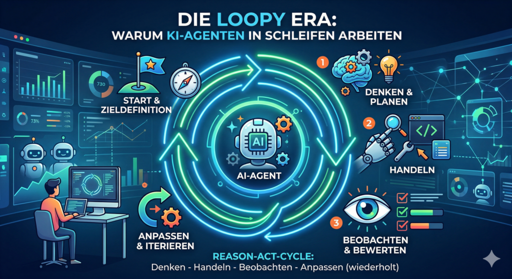 Loopy Era: Visuelle Darstellung des iterativen Prozesses von KI-Agenten, die in Schleifen arbeiten, bestehend aus Zieldefinition, Denken, Handeln, Beobachten und Anpassen.