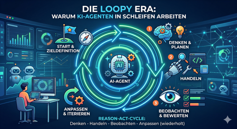 Loopy Era: Visuelle Darstellung des iterativen Prozesses von KI-Agenten, die in Schleifen arbeiten, bestehend aus Zieldefinition, Denken, Handeln, Beobachten und Anpassen.