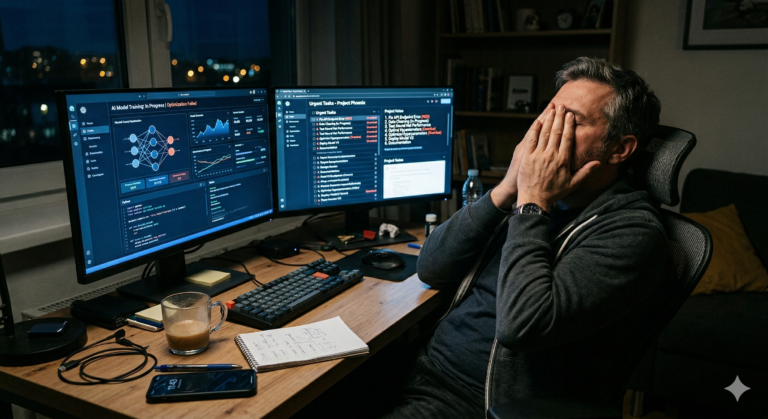 KI-Paradox: Erschöpfter Solopreneur nachts am Schreibtisch vor Bildschirmen mit KI-Interfaces und Aufgabenlisten.