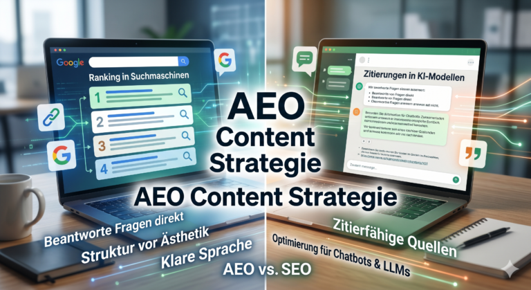nfografik zum Vergleich von SEO und AEO Content Strategie auf zwei Laptops.