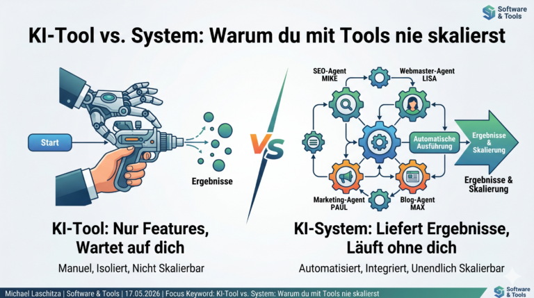 Infografik zu KI-Tool vs. System: Warum du mit Tools nie skalierst – Vergleich zwischen isolierter Tool-Nutzung und automatisiertem KI-Agenten-System.