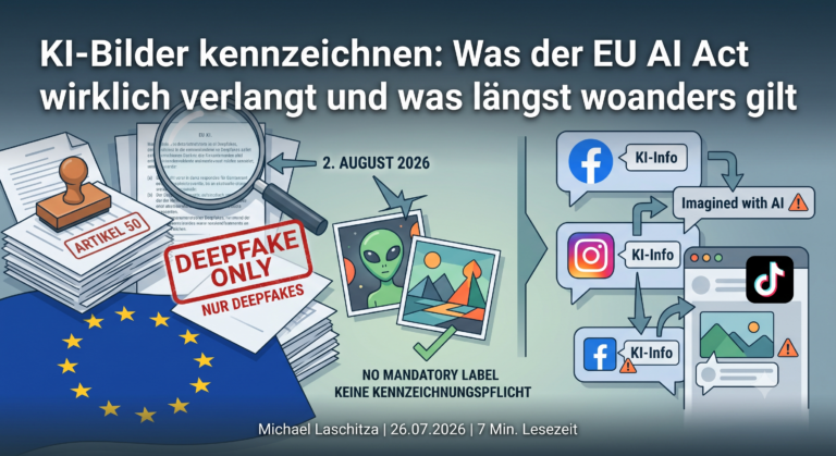 KI-Bilder kennzeichen: Infografik zur Kennzeichnungspflicht von KI-Bildern nach Artikel 50 des EU AI Acts und Plattform-Regeln von Meta und TikTok.