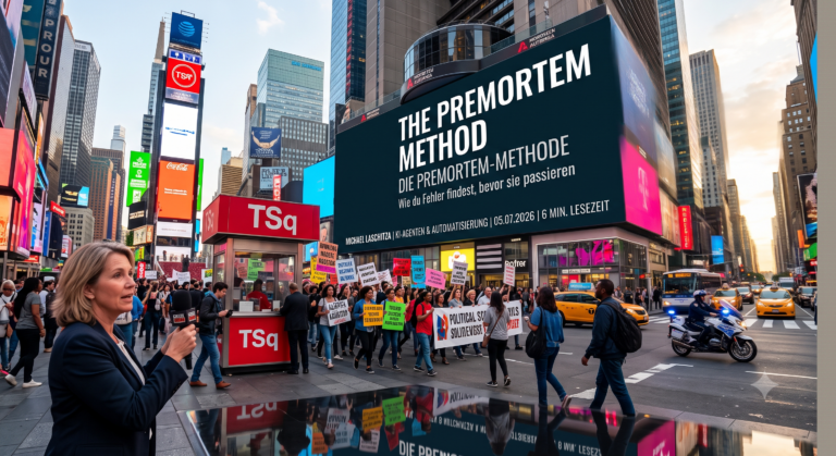 Eine Aufnahme des Times Square in NYC bei Dämmerung, auf der ein riesiges Billboard den Titel „Die Premortem-Methode“ und den Slogan „Wie du Fehler findest, bevor sie passieren“ zeigt. Im Vordergrund sind Menschen und Fahrzeuge zu sehen.