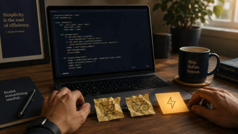 Claude Code Plugins: Schreibtisch am Morgen, zwei durchgestrichene Notizzettel, ein leuchtender übrig: Symbol für Plugin-Prüfung gegen bestehendes System