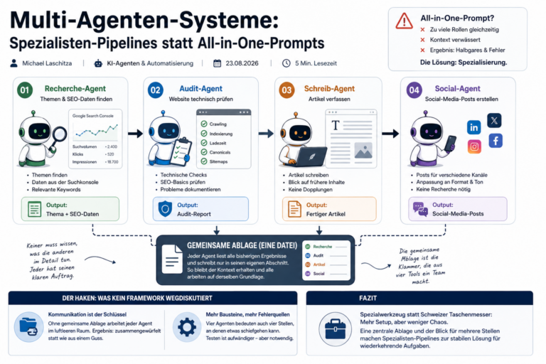 Multi-Agenten-Systeme mit spezialisierten KI-Agenten für Recherche, Audit, Schreiben und Social Media