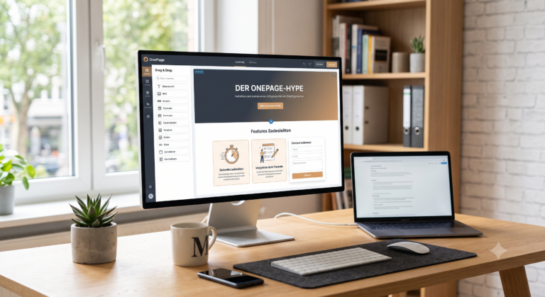 Benutzeroberfläche des No-Code-Landingpage-Builders OnePage mit visuellen Design-Modulen