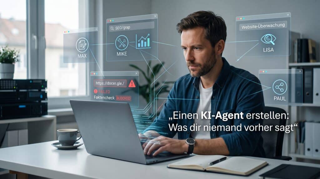 KI-Agenten erstellen: Arbeitsplatz eines Entwicklers mit Bildschirm und Systemübersicht