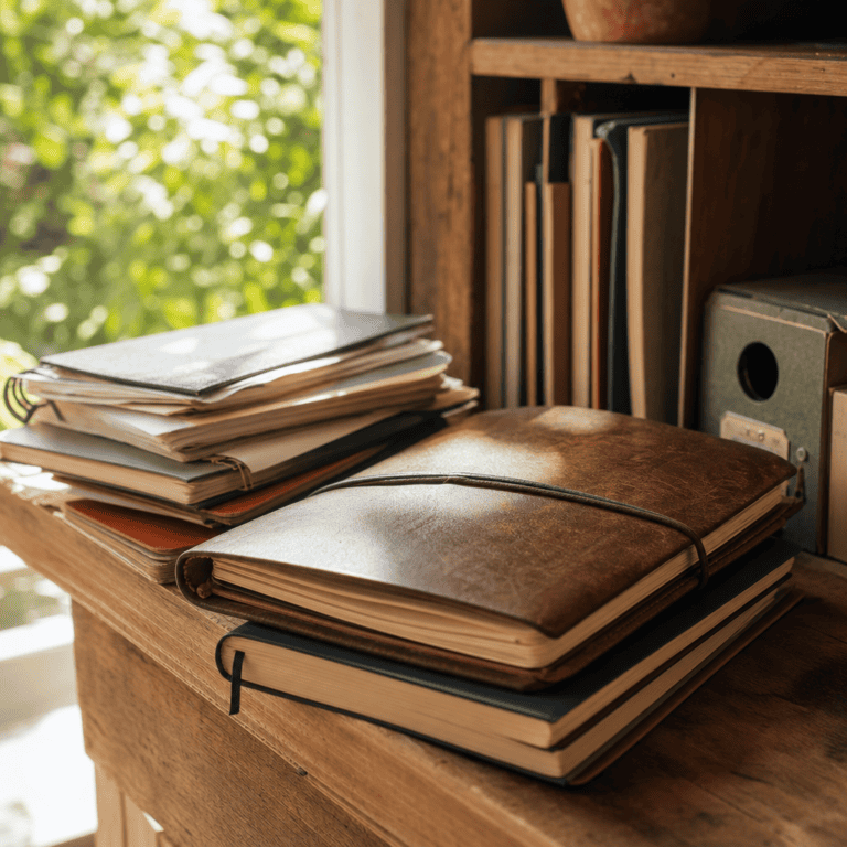Leder-Notizbücher auf einem Holzregal als Sinnbild für ein Second Brain